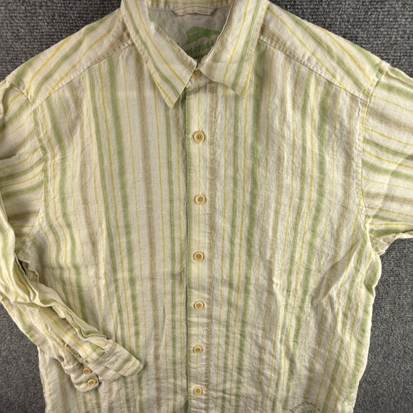 Tommy Bahama ALL LINEN Shirt Striped Green Yellow Long Sleeve Large Beach Hawaii - Picture 1 of 16